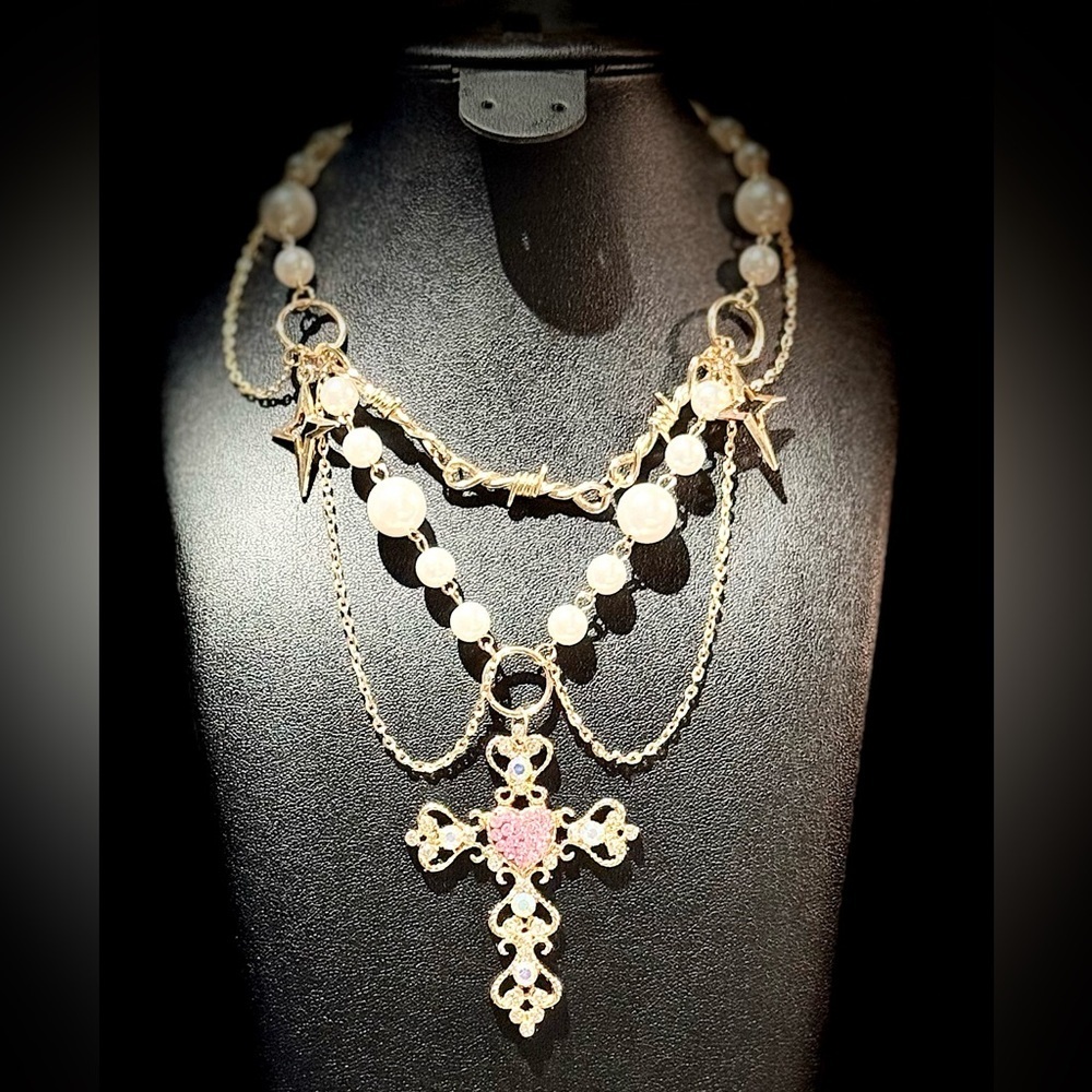 Elegant Gold and Pink Cross Necklace